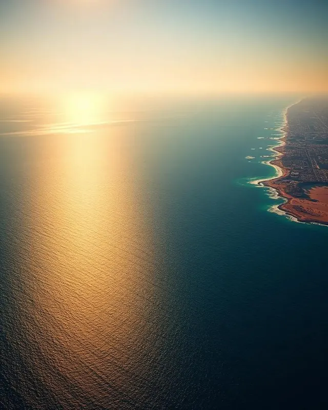 Aerial Mediterranean meeting the Nile delta at golden hour — open water to the horizon